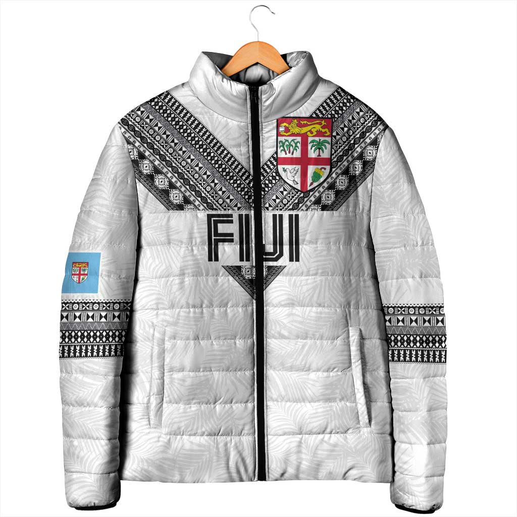 Custom Rugby Fiji Padded Jacket Fijian Masi Tribal Sporty Style White Color - Polynesian Pride