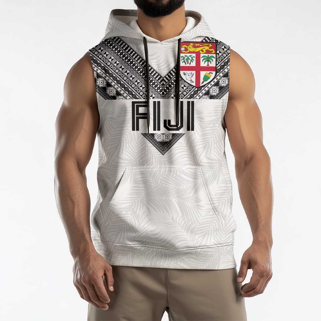 Custom Rugby Fiji Sleeveless Hoodie Fijian Masi Tribal Sporty Style White Color - Polynesian Pride