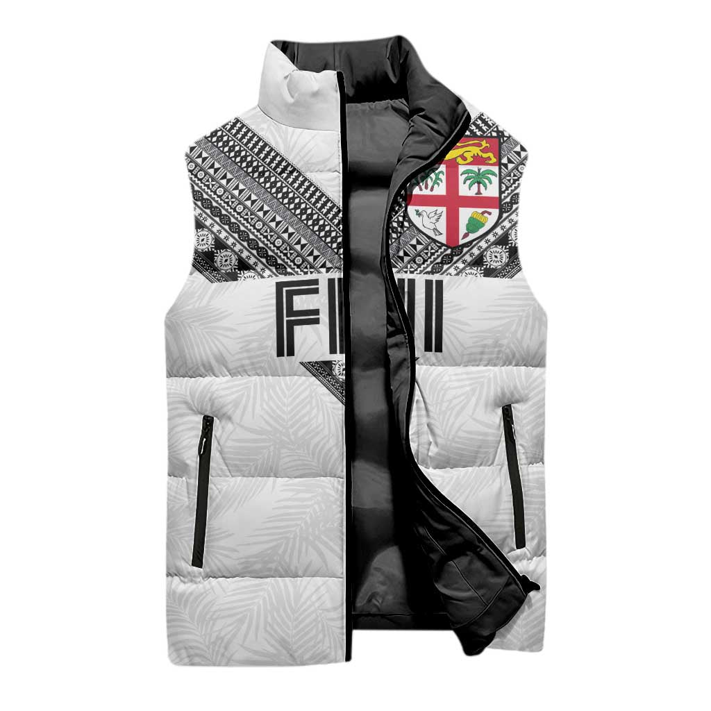 Custom Rugby Fiji Sleeveless Puffer Jacket Fijian Masi Tribal Sporty Style White Color - Polynesian Pride