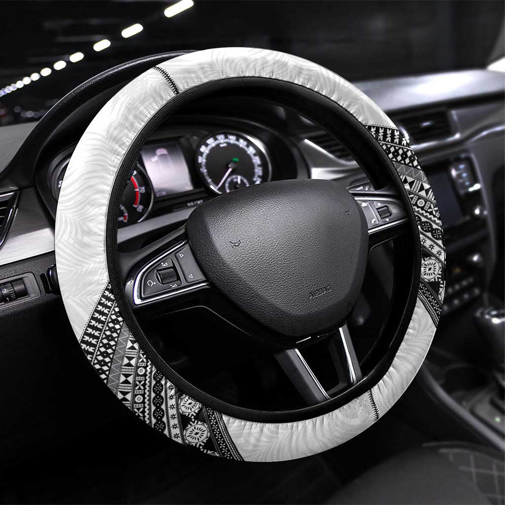 Rugby Fiji Steering Wheel Cover Fijian Masi Tribal Sporty Style White Color - Polynesian Pride