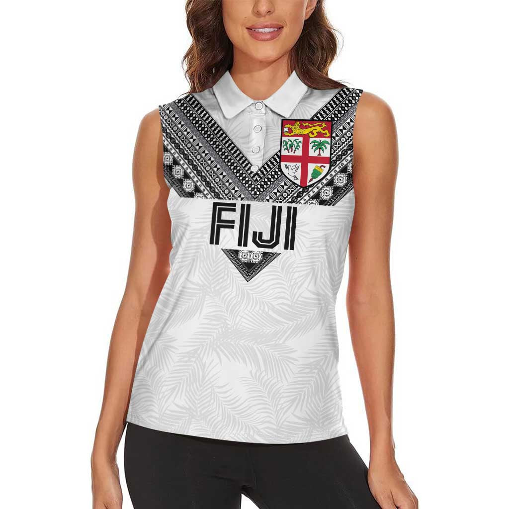 Custom Rugby Fiji Women Sleeveless Polo Shirt Fijian Masi Tribal Sporty Style White Color - Polynesian Pride