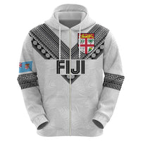Custom Rugby Fiji Zip Hoodie Fijian Masi Tribal Sporty Style White Color - Polynesian Pride