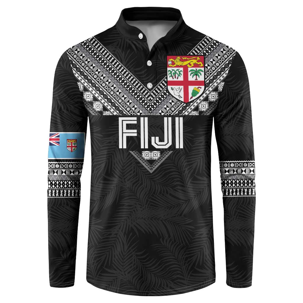 Custom Rugby Fiji Button Sweatshirt Fijian Masi Tribal Sporty Style Black Color - Polynesian Pride