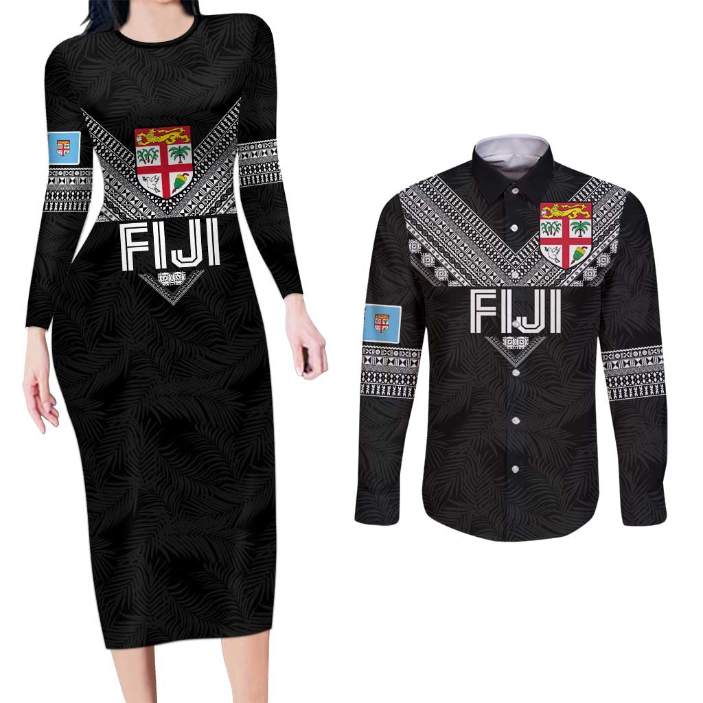 Custom Rugby Fiji Couples Matching Long Sleeve Bodycon Dress and Long Sleeve Button Shirt Fijian Masi Tribal Sporty Style Black Color - Polynesian Pride