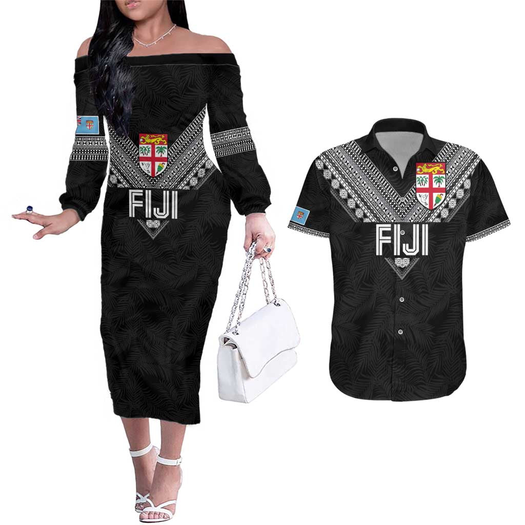 Custom Rugby Fiji Couples Matching Off The Shoulder Long Sleeve Dress and Hawaiian Shirt Fijian Masi Tribal Sporty Style Black Color - Polynesian Pride