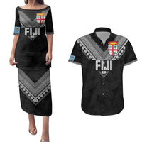Custom Rugby Fiji Couples Matching Puletasi and Hawaiian Shirt Fijian Masi Tribal Sporty Style Black Color - Polynesian Pride