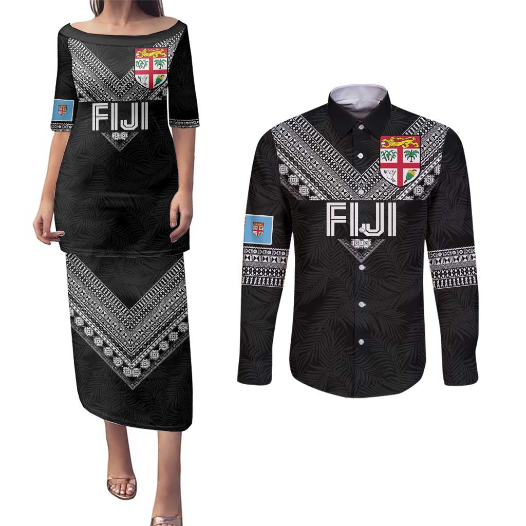 Custom Rugby Fiji Couples Matching Puletasi and Long Sleeve Button Shirt Fijian Masi Tribal Sporty Style Black Color - Polynesian Pride