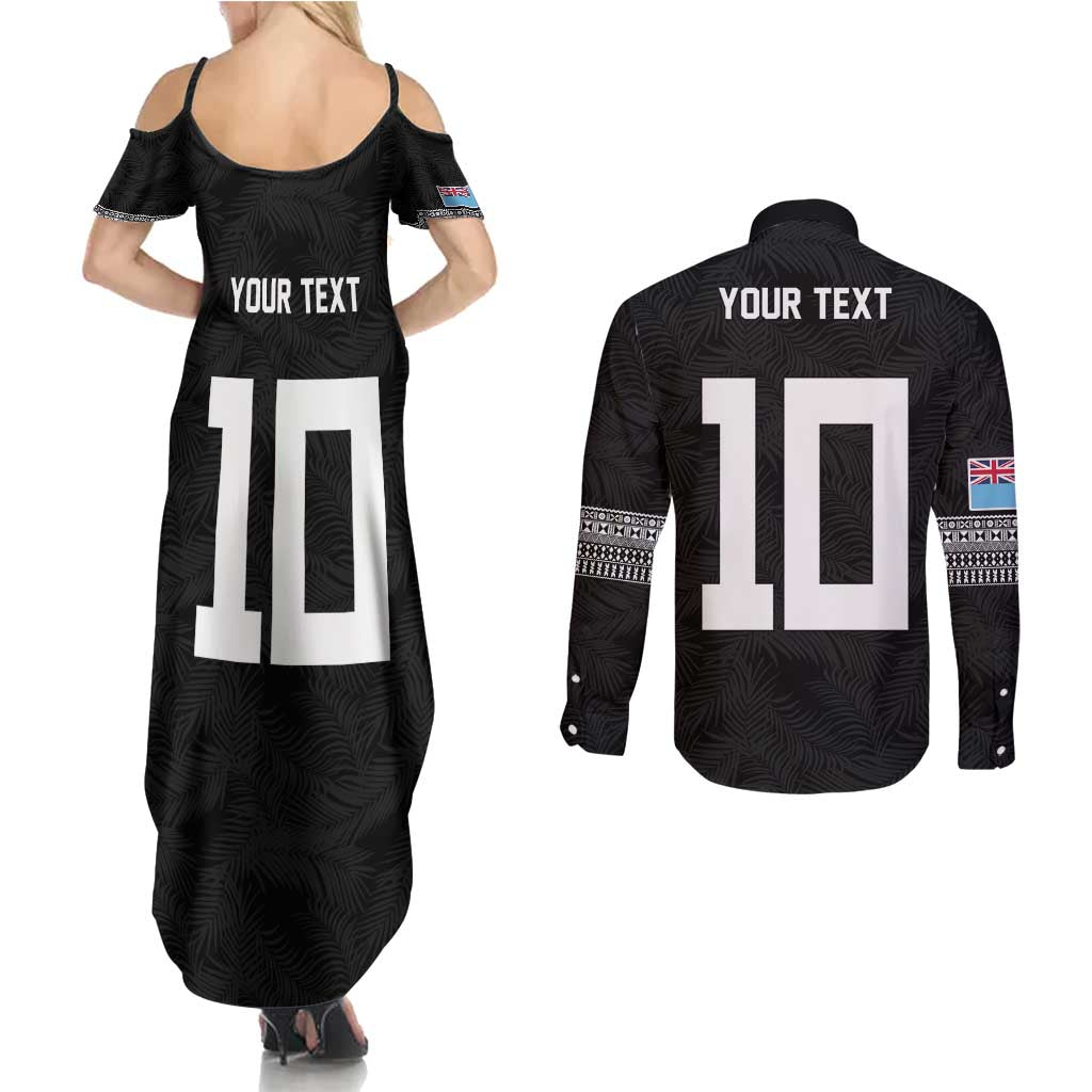 Custom Rugby Fiji Couples Matching Summer Maxi Dress and Long Sleeve Button Shirt Fijian Masi Tribal Sporty Style Black Color - Polynesian Pride