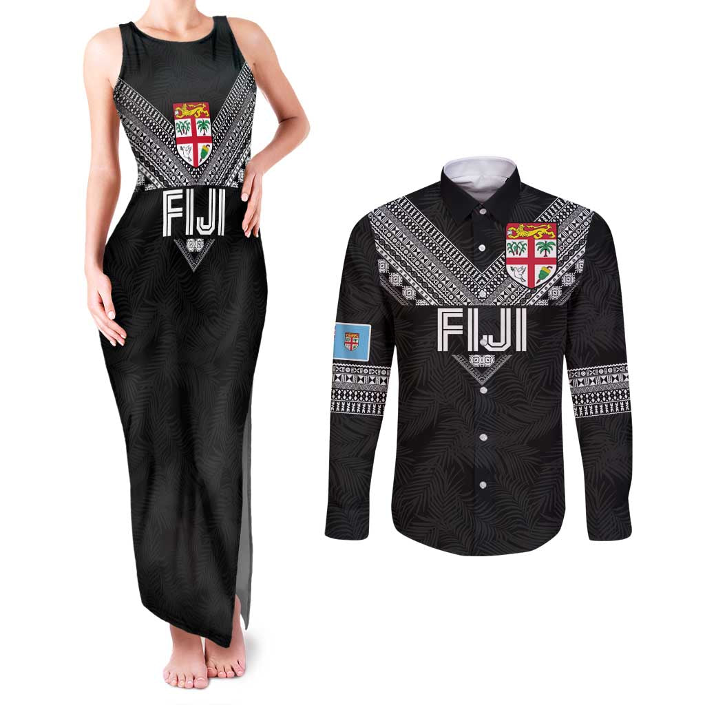 Custom Rugby Fiji Couples Matching Tank Maxi Dress and Long Sleeve Button Shirt Fijian Masi Tribal Sporty Style Black Color - Polynesian Pride