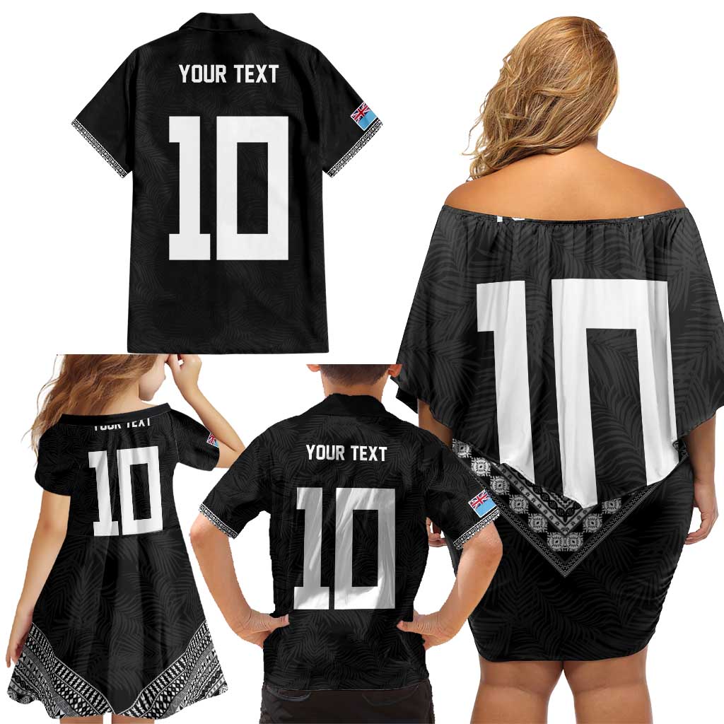 Custom Rugby Fiji Family Matching Off Shoulder Short Dress and Hawaiian Shirt Fijian Masi Tribal Sporty Style Black Color - Polynesian Pride
