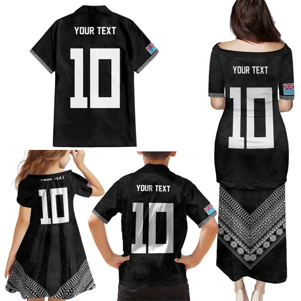 Custom Rugby Fiji Family Matching Puletasi and Hawaiian Shirt Fijian Masi Tribal Sporty Style Black Color - Polynesian Pride