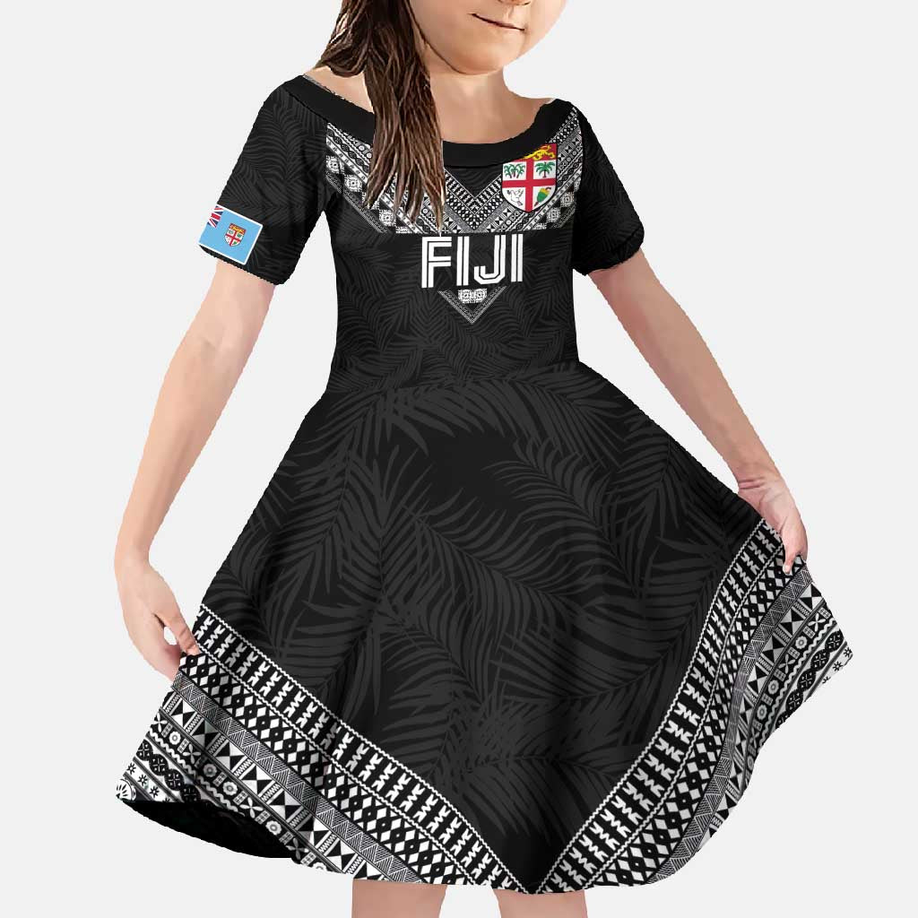 Custom Rugby Fiji Family Matching Short Sleeve Bodycon Dress and Hawaiian Shirt Fijian Masi Tribal Sporty Style Black Color - Polynesian Pride