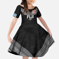 Custom Rugby Fiji Kid Short Sleeve Dress Fijian Masi Tribal Sporty Style Black Color - Polynesian Pride