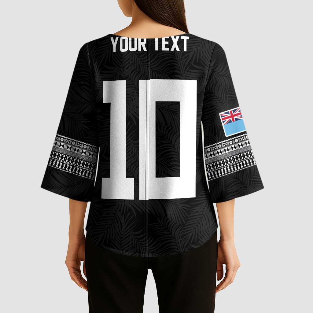 Custom Rugby Fiji Kimono Sleeve Blouse Fijian Masi Tribal Sporty Style Black Color - Polynesian Pride