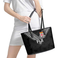 Rugby Fiji Leather Tote Bag Fijian Masi Tribal Sporty Style Black Color - Polynesian Pride