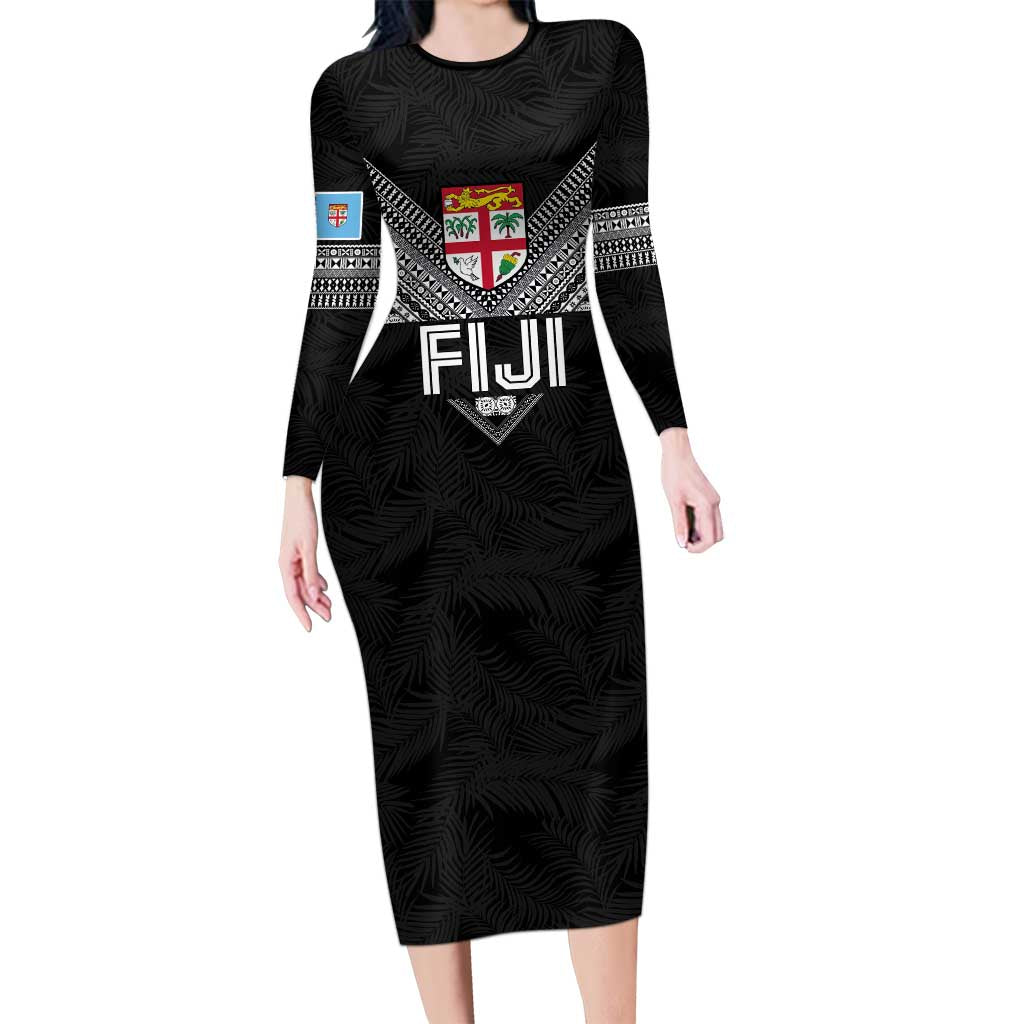Custom Rugby Fiji Long Sleeve Bodycon Dress Fijian Masi Tribal Sporty Style Black Color - Polynesian Pride