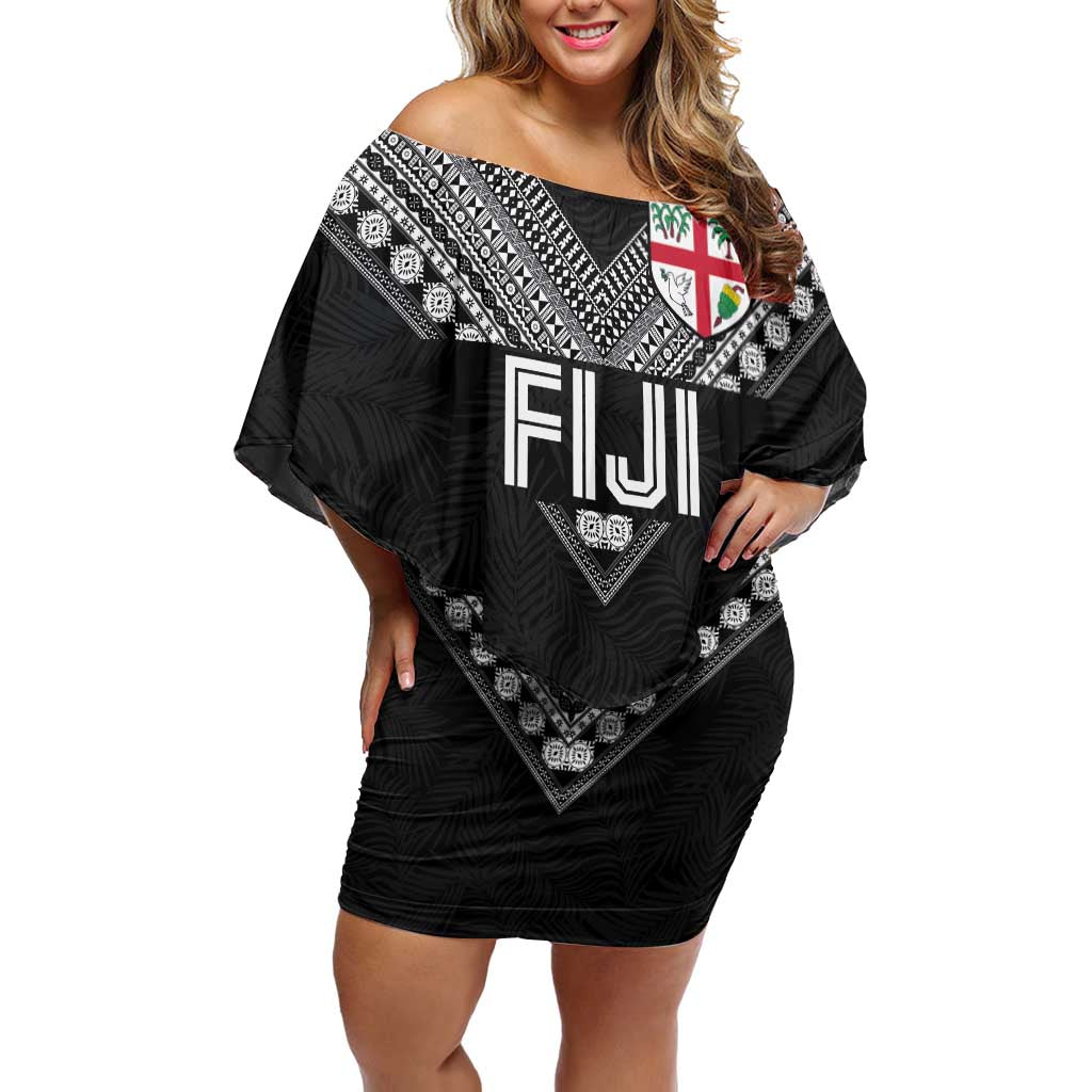 Custom Rugby Fiji Off Shoulder Short Dress Fijian Masi Tribal Sporty Style Black Color - Polynesian Pride
