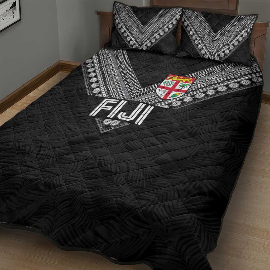 Rugby Fiji Quilt Bed Set Fijian Masi Tribal Sporty Style Black Color - Polynesian Pride