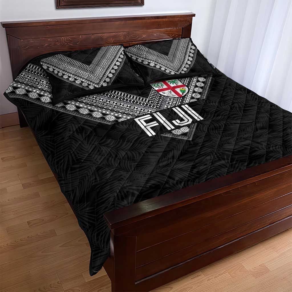 Rugby Fiji Quilt Bed Set Fijian Masi Tribal Sporty Style Black Color - Polynesian Pride