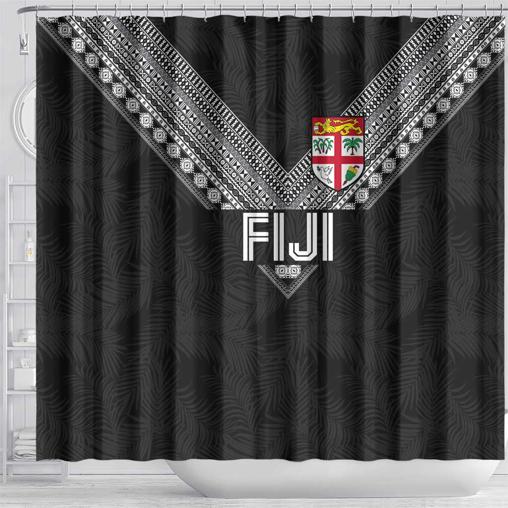 Rugby Fiji Shower Curtain Fijian Masi Tribal Sporty Style Black Color - Polynesian Pride