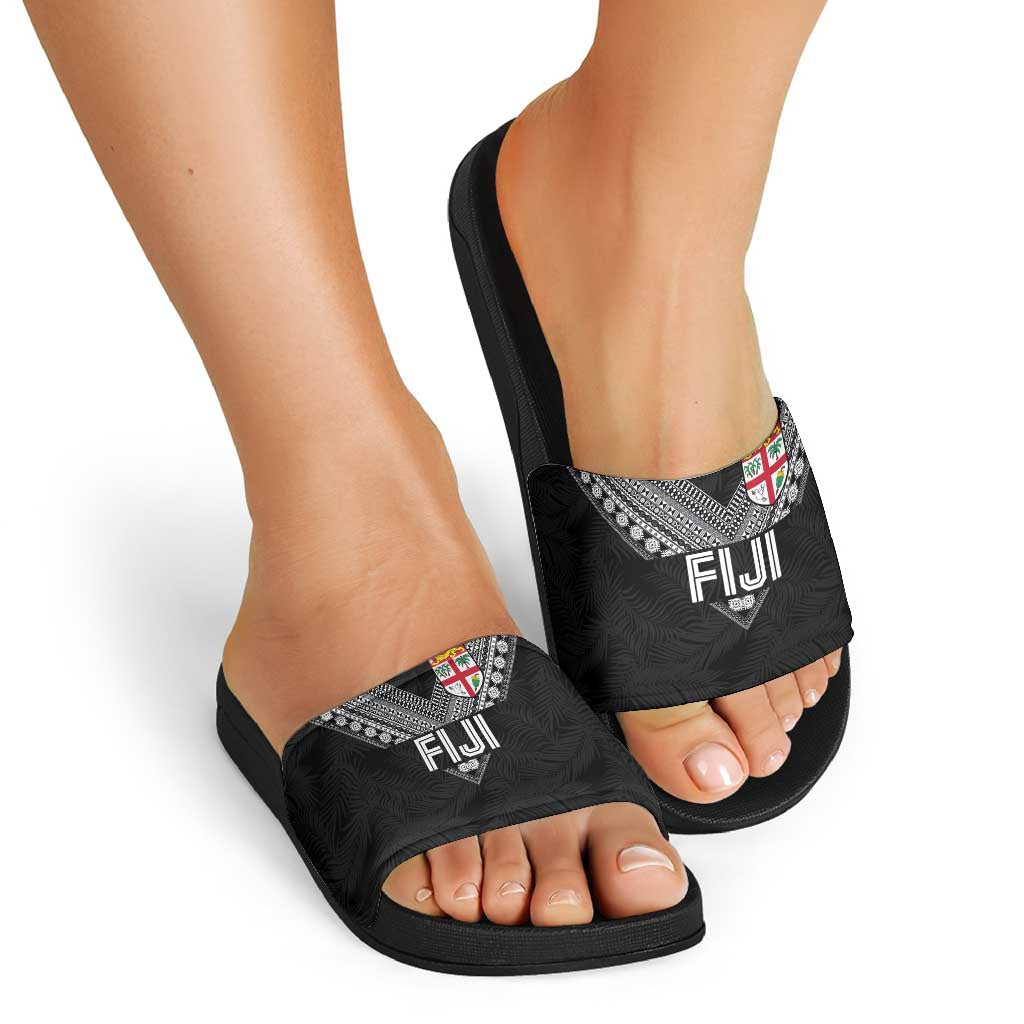 Rugby Fiji Slide Sandals Fijian Masi Tribal Sporty Style Black Color - Polynesian Pride