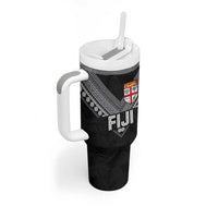 Custom Rugby Fiji Tumbler With Handle Fijian Masi Tribal Sporty Style Black Color - Polynesian Pride