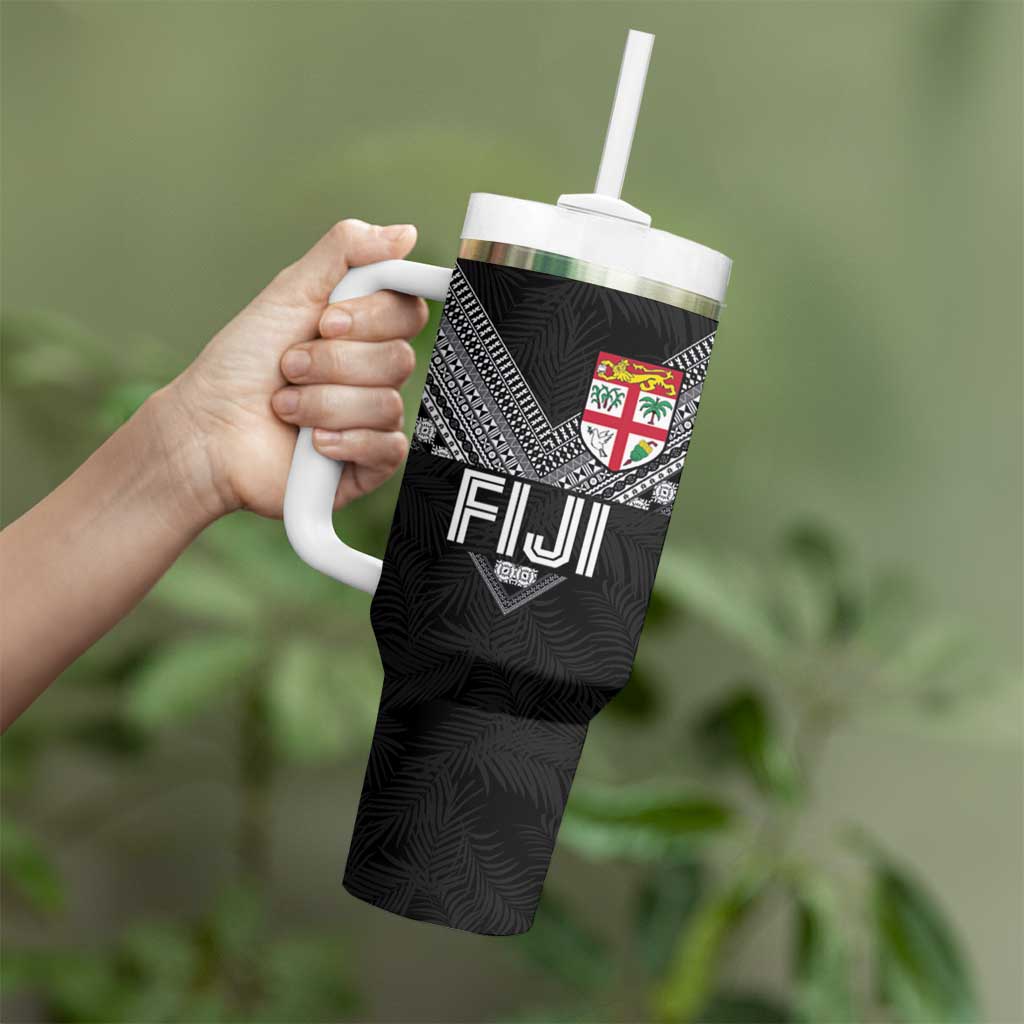 Custom Rugby Fiji Tumbler With Handle Fijian Masi Tribal Sporty Style Black Color - Polynesian Pride