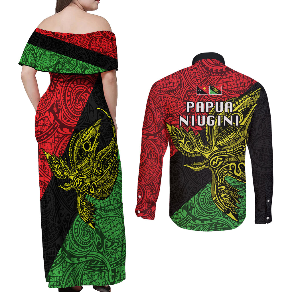 Papua New Guinea Southern Highlands Province Couples Matching Off Shoulder Maxi Dress and Long Sleeve Button Shirts PNG Birds Of Paradise Polynesian Arty Style LT03 - Polynesian Pride