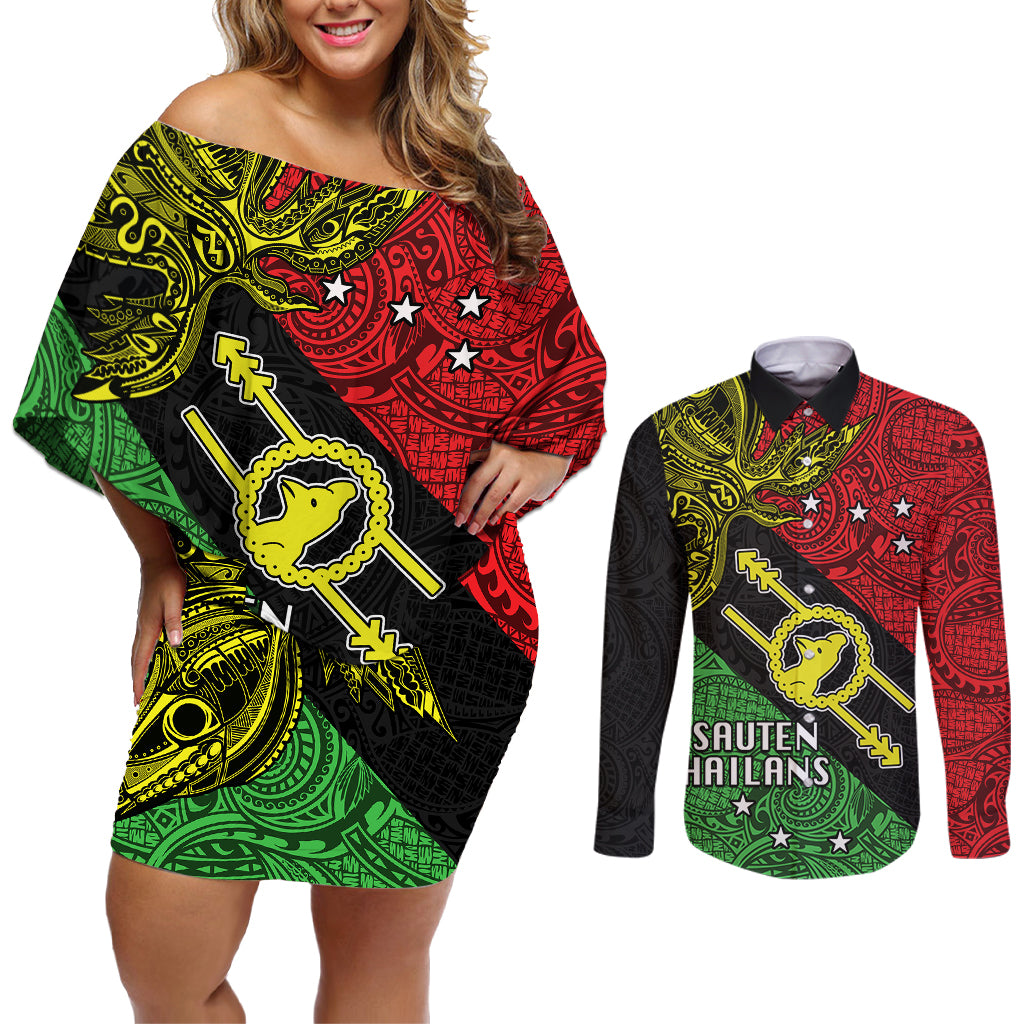 Papua New Guinea Southern Highlands Province Couples Matching Off Shoulder Short Dress and Long Sleeve Button Shirts PNG Birds Of Paradise Polynesian Arty Style LT03 Black - Polynesian Pride