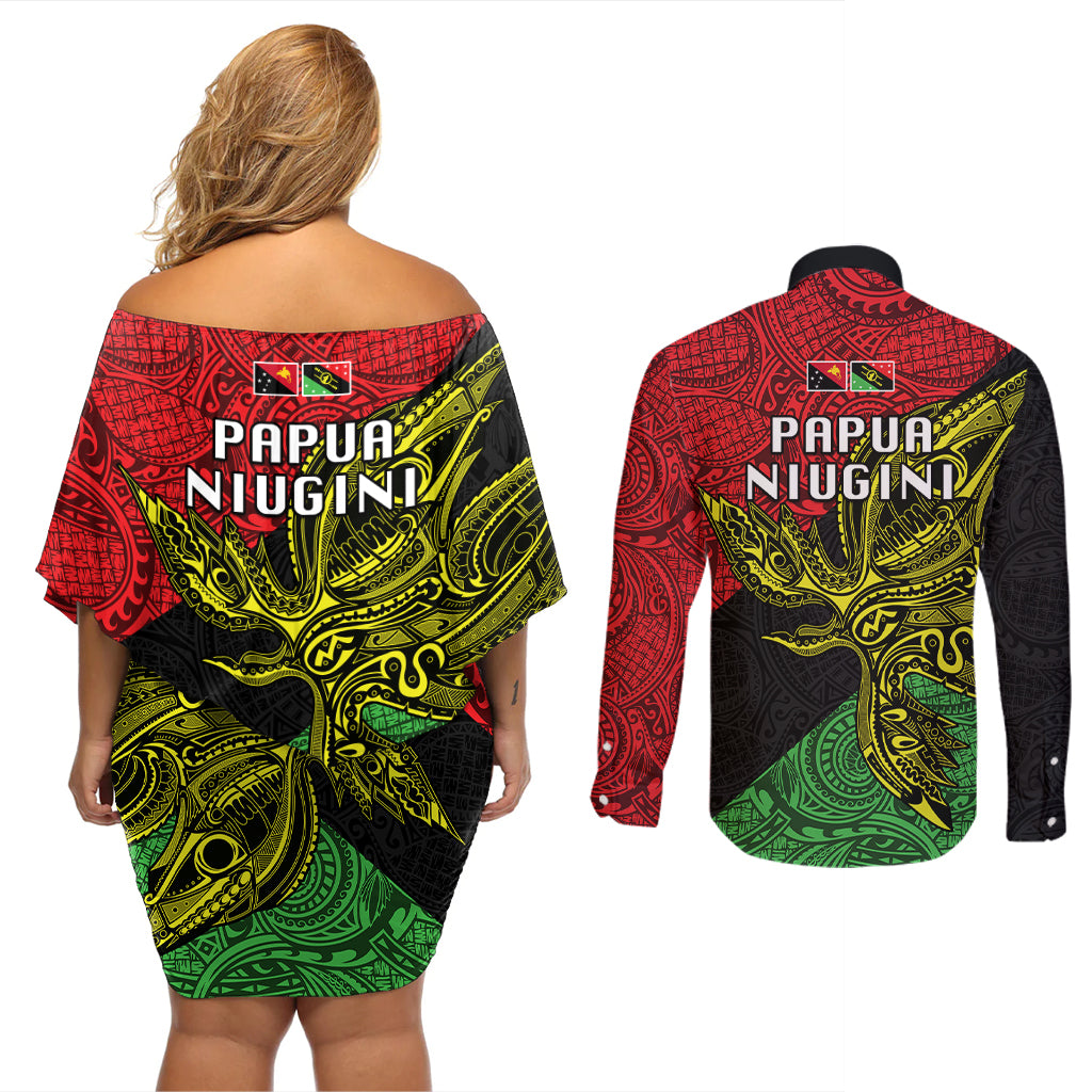 Papua New Guinea Southern Highlands Province Couples Matching Off Shoulder Short Dress and Long Sleeve Button Shirts PNG Birds Of Paradise Polynesian Arty Style LT03 - Polynesian Pride