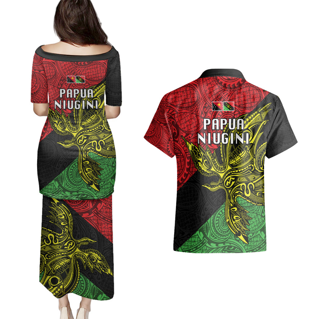 Papua New Guinea Southern Highlands Province Couples Matching Puletasi Dress and Hawaiian Shirt PNG Birds Of Paradise Polynesian Arty Style LT03 - Polynesian Pride