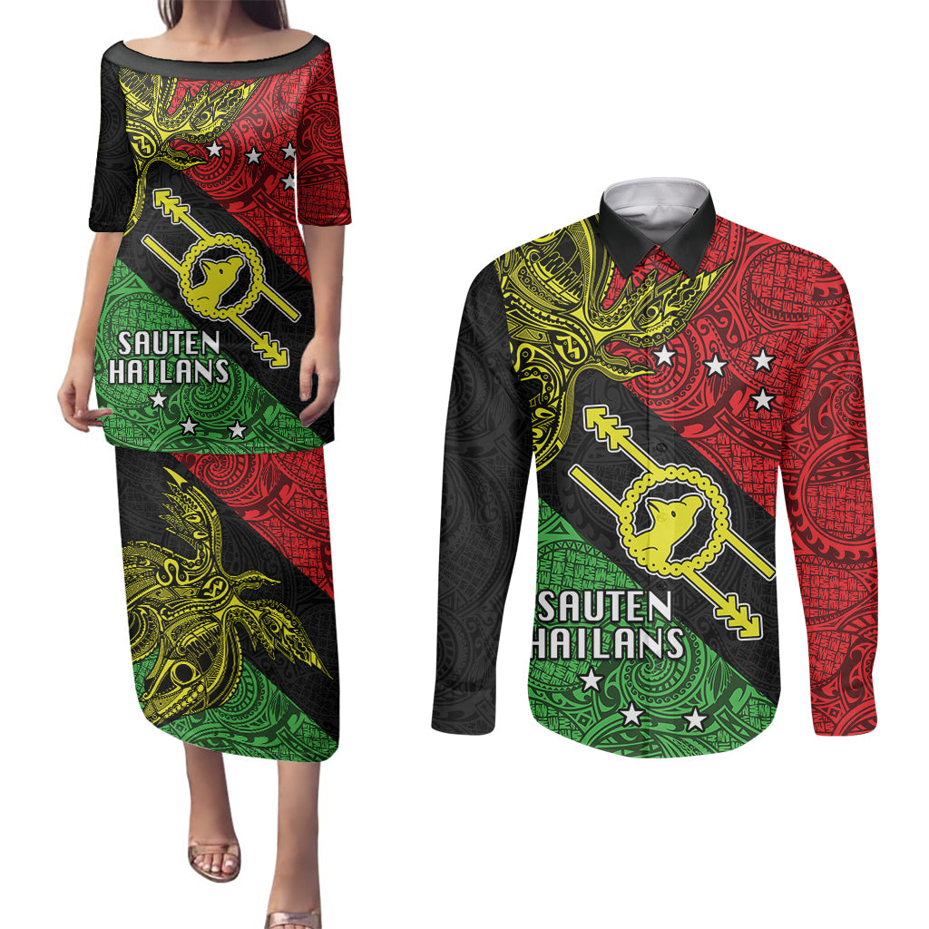 Papua New Guinea Southern Highlands Province Couples Matching Puletasi Dress and Long Sleeve Button Shirts PNG Birds Of Paradise Polynesian Arty Style LT03 Black - Polynesian Pride