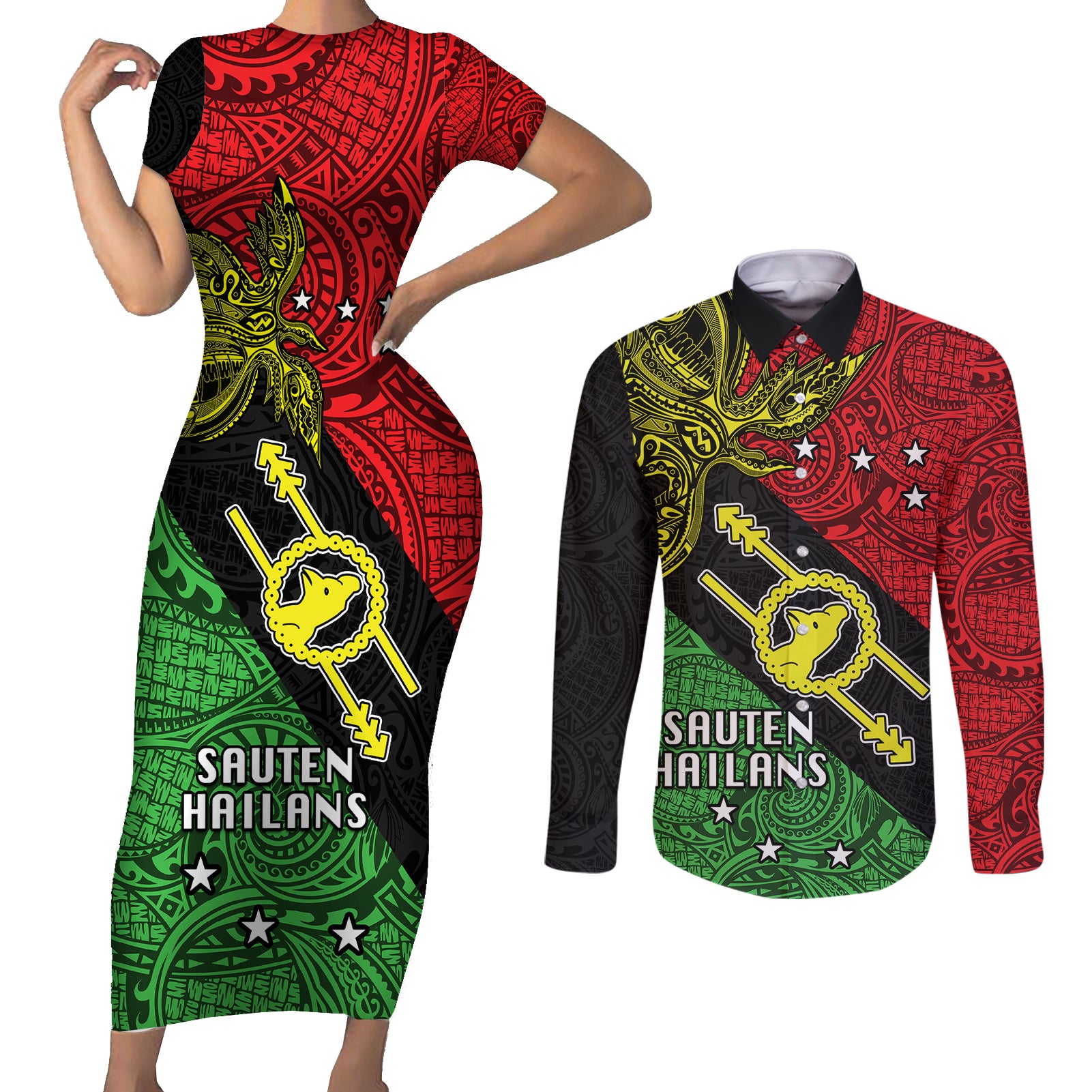 Papua New Guinea Southern Highlands Province Couples Matching Short Sleeve Bodycon Dress and Long Sleeve Button Shirts PNG Birds Of Paradise Polynesian Arty Style LT03 Black - Polynesian Pride