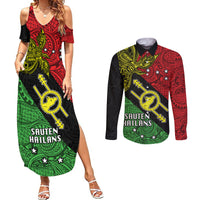 Papua New Guinea Southern Highlands Province Couples Matching Summer Maxi Dress and Long Sleeve Button Shirts PNG Birds Of Paradise Polynesian Arty Style LT03 Black - Polynesian Pride