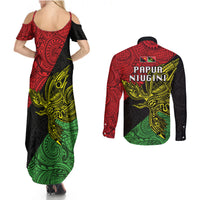 Papua New Guinea Southern Highlands Province Couples Matching Summer Maxi Dress and Long Sleeve Button Shirts PNG Birds Of Paradise Polynesian Arty Style LT03 - Polynesian Pride