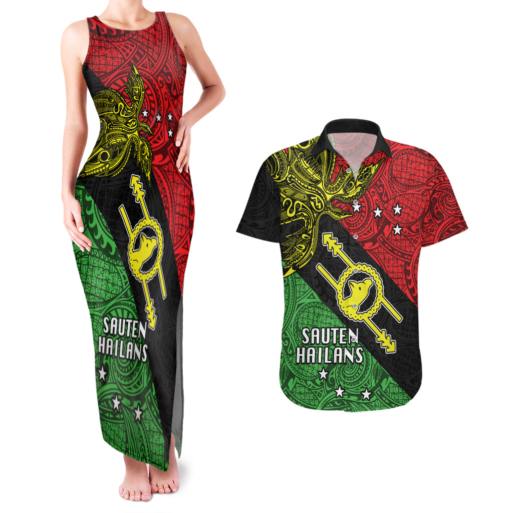Papua New Guinea Southern Highlands Province Couples Matching Tank Maxi Dress and Hawaiian Shirt PNG Birds Of Paradise Polynesian Arty Style LT03 Black - Polynesian Pride