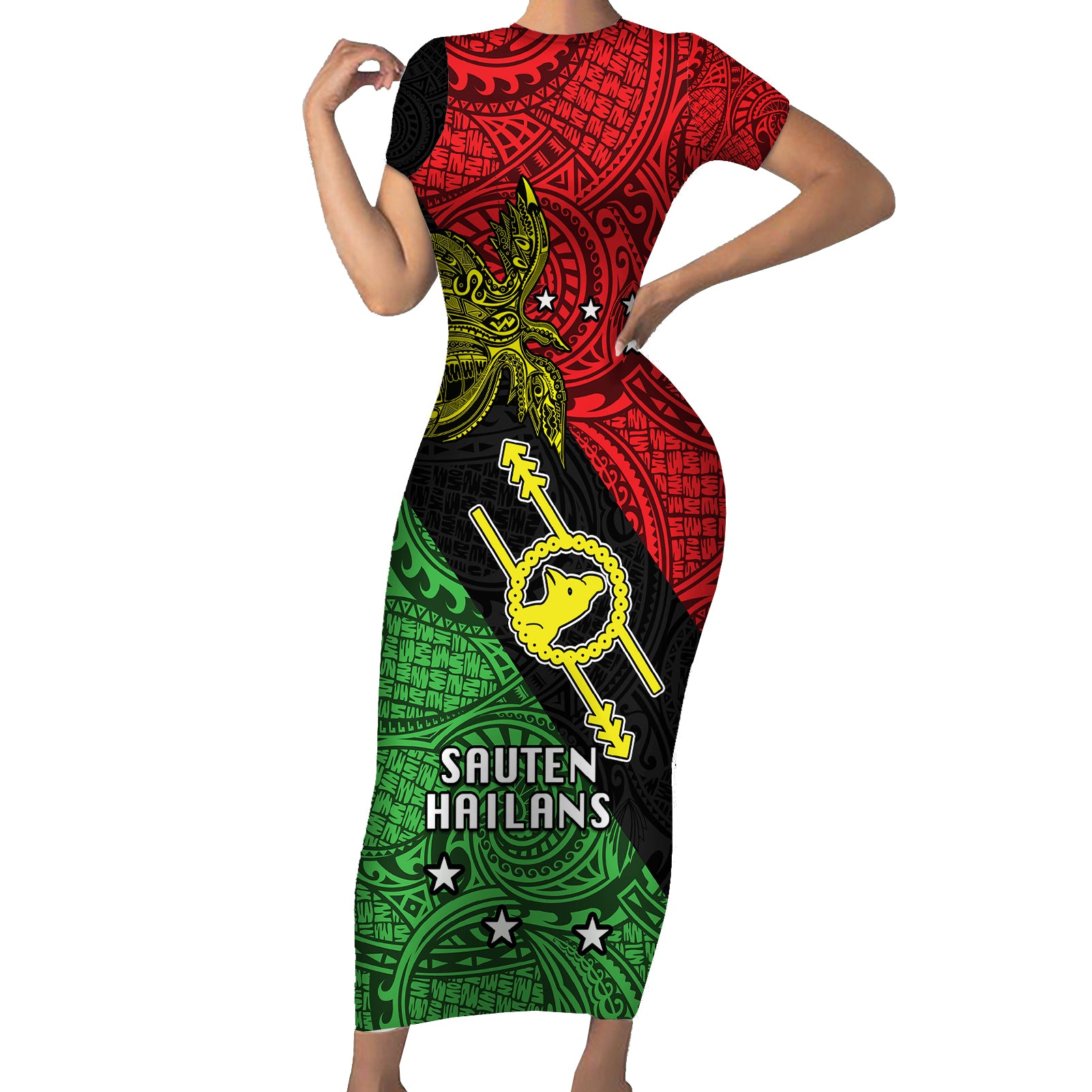 Papua New Guinea Southern Highlands Province Short Sleeve Bodycon Dress PNG Birds Of Paradise Polynesian Arty Style LT03 Long Dress Black - Polynesian Pride