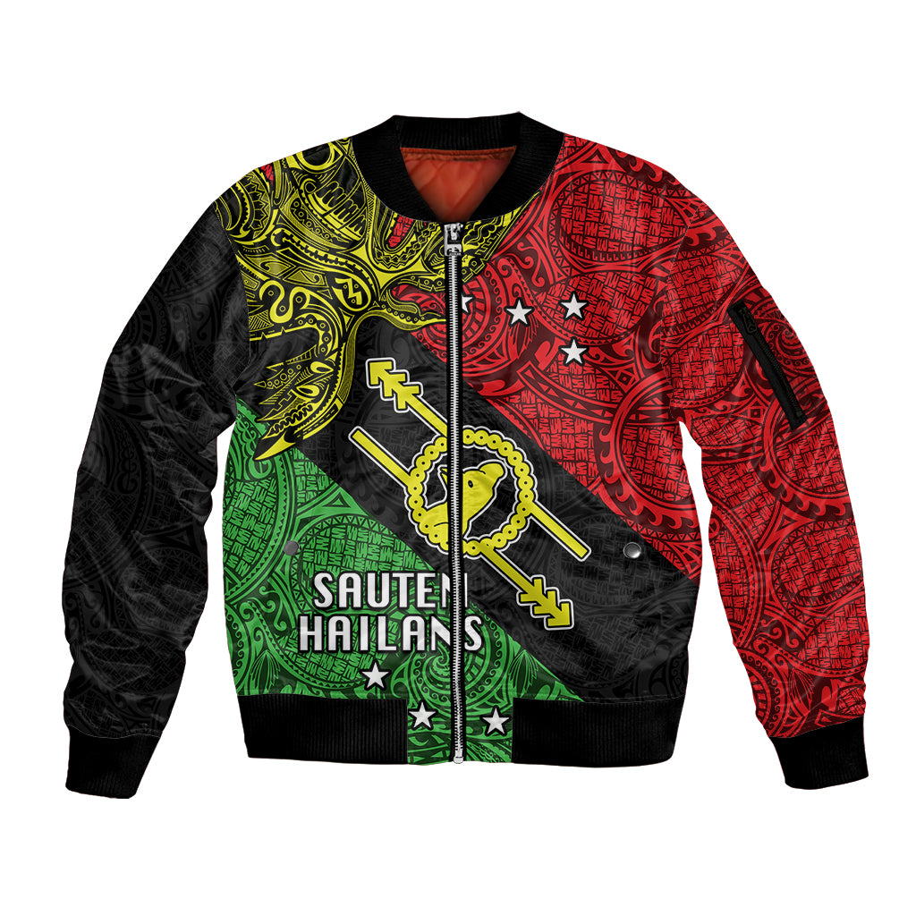 Papua New Guinea Southern Highlands Province Sleeve Zip Bomber Jacket PNG Birds Of Paradise Polynesian Arty Style LT03 Unisex Black - Polynesian Pride