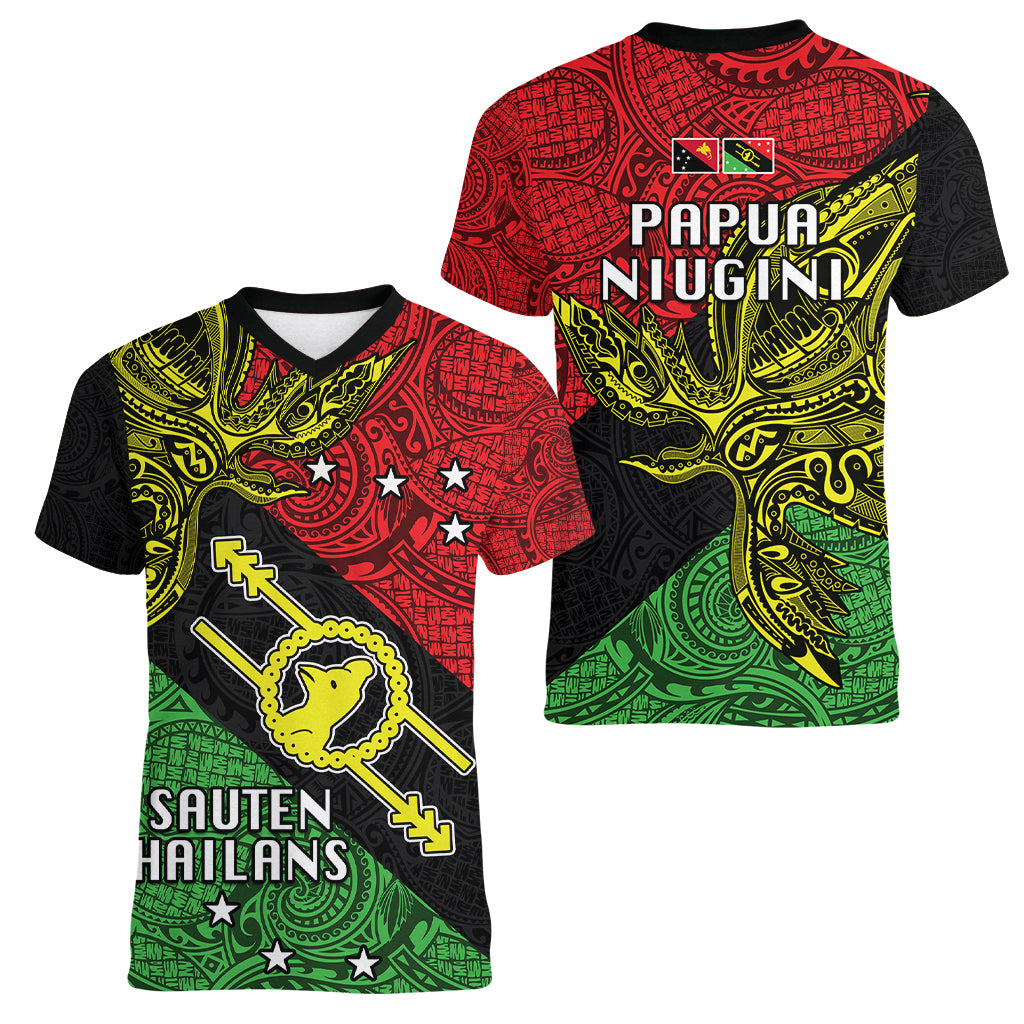 Papua New Guinea Southern Highlands Province Women V Neck T Shirt PNG Birds Of Paradise Polynesian Arty Style LT03 - Polynesian Pride