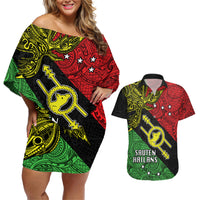 Personalised Papua New Guinea Southern Highlands Province Couples Matching Off Shoulder Short Dress and Hawaiian Shirt PNG Birds Of Paradise Polynesian Arty Style LT03 Black - Polynesian Pride