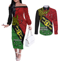Personalised Papua New Guinea Southern Highlands Province Couples Matching Off The Shoulder Long Sleeve Dress and Long Sleeve Button Shirts PNG Birds Of Paradise Polynesian Arty Style LT03 Black - Polynesian Pride