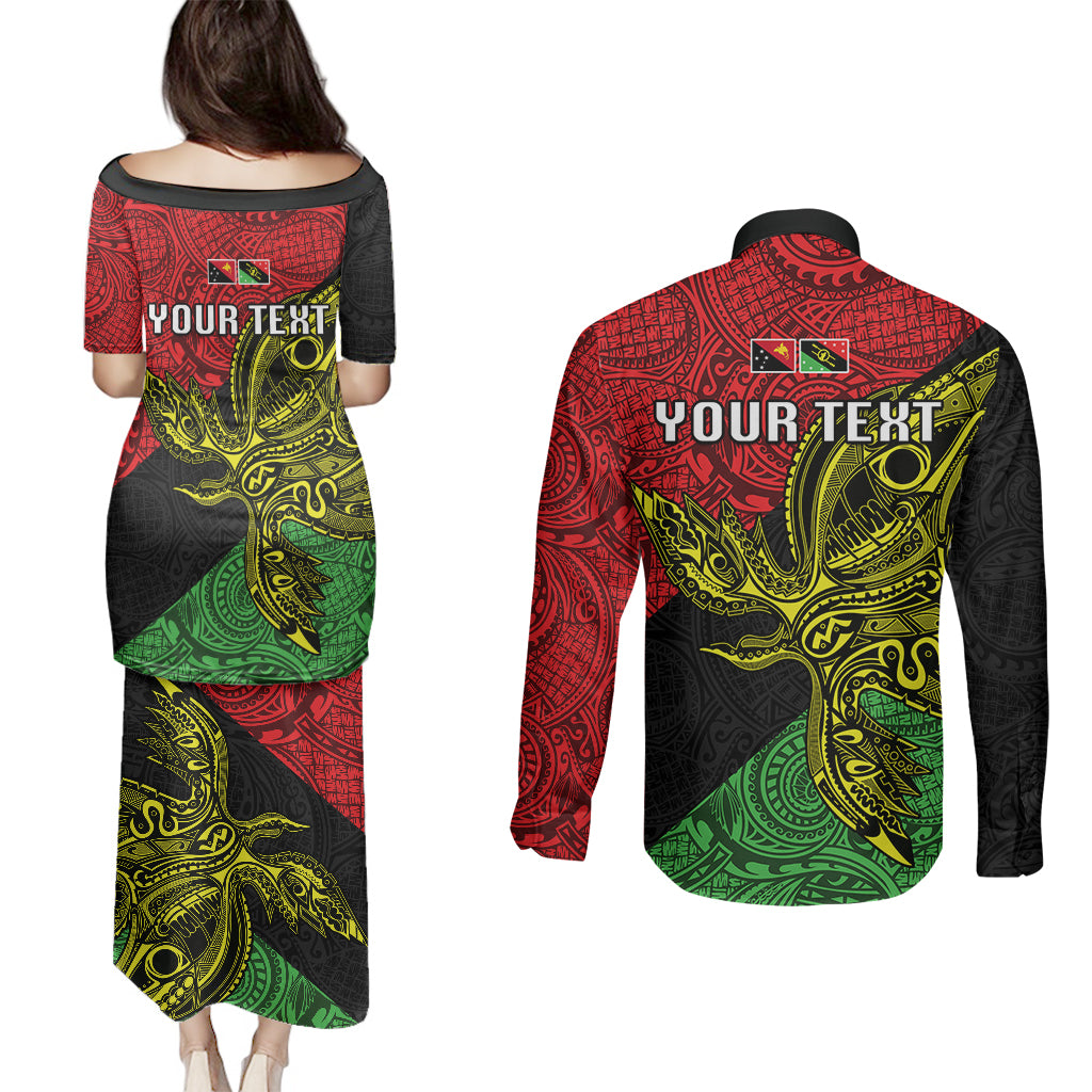 Personalised Papua New Guinea Southern Highlands Province Couples Matching Puletasi Dress and Long Sleeve Button Shirts PNG Birds Of Paradise Polynesian Arty Style LT03 - Polynesian Pride