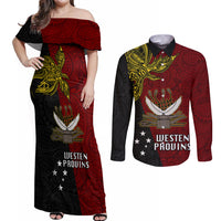 Papua New Guinea Western Province Couples Matching Off Shoulder Maxi Dress and Long Sleeve Button Shirts PNG Birds Of Paradise Polynesian Arty Style LT03 Red - Polynesian Pride