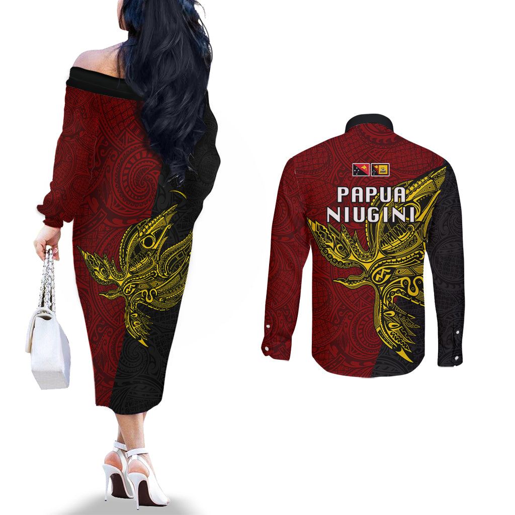 Papua New Guinea Western Province Couples Matching Off The Shoulder Long Sleeve Dress and Long Sleeve Button Shirts PNG Birds Of Paradise Polynesian Arty Style LT03 - Polynesian Pride
