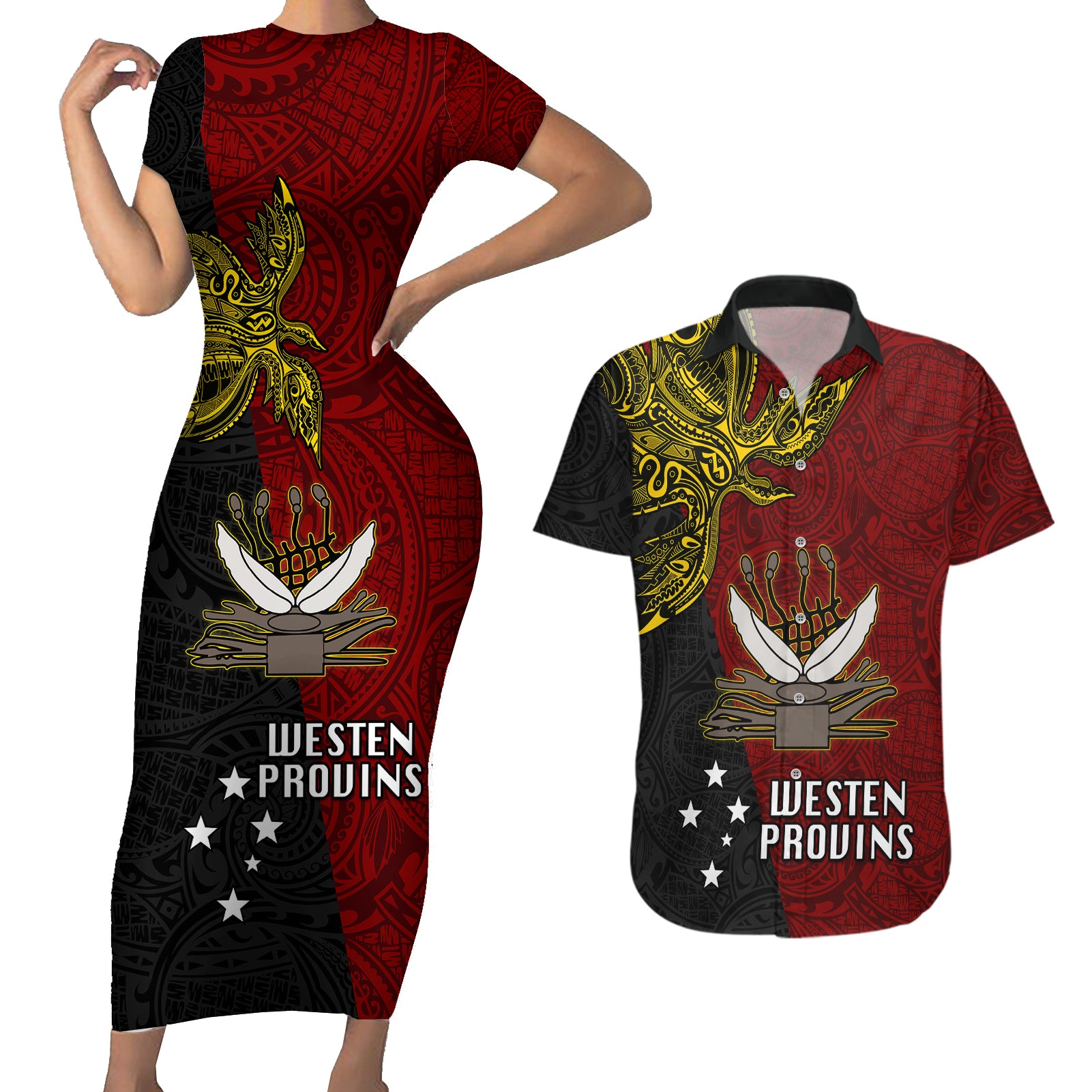 Papua New Guinea Western Province Couples Matching Short Sleeve Bodycon Dress and Hawaiian Shirt PNG Birds Of Paradise Polynesian Arty Style LT03 Red - Polynesian Pride