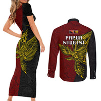 Papua New Guinea Western Province Couples Matching Short Sleeve Bodycon Dress and Long Sleeve Button Shirts PNG Birds Of Paradise Polynesian Arty Style LT03 - Polynesian Pride