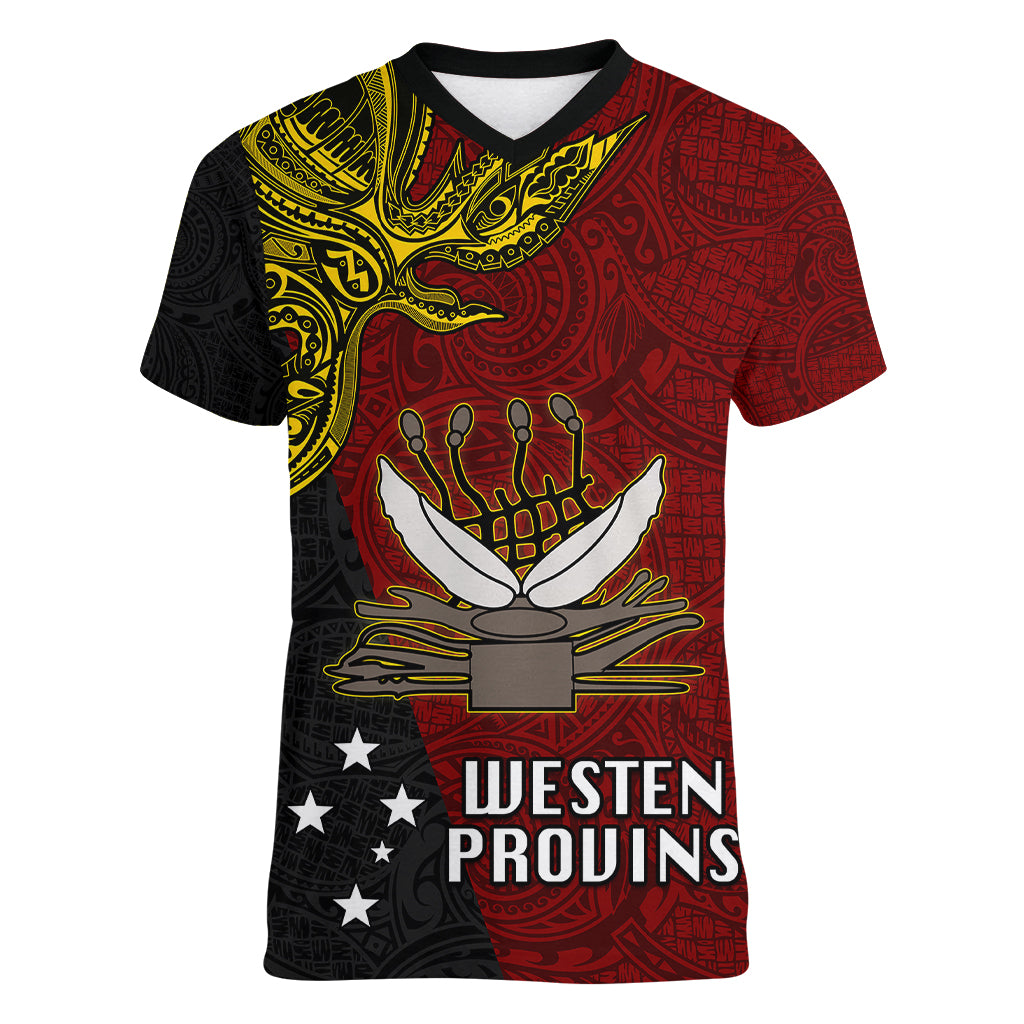 Papua New Guinea Western Province Women V Neck T Shirt PNG Birds Of Paradise Polynesian Arty Style LT03 Female Red - Polynesian Pride