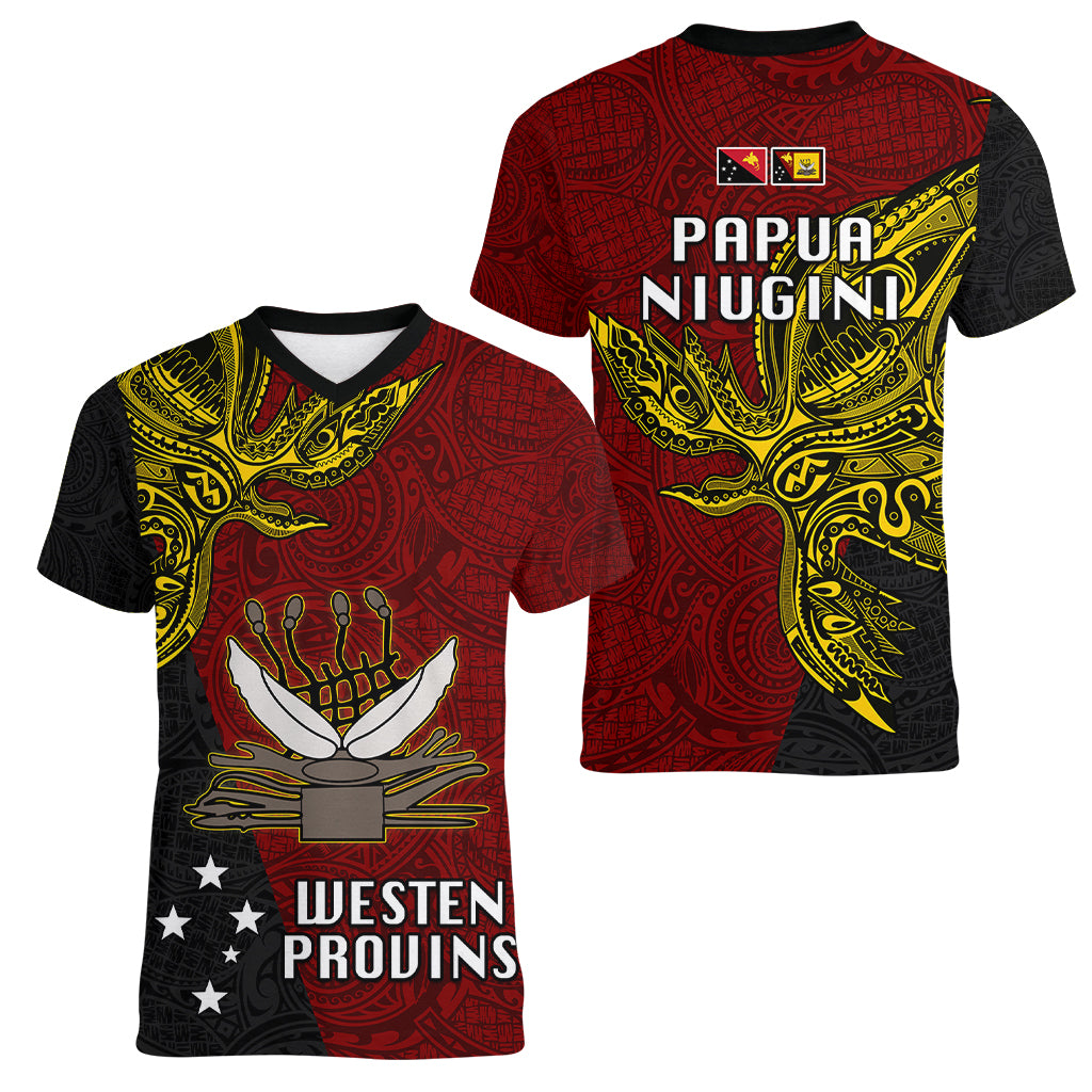 Papua New Guinea Western Province Women V Neck T Shirt PNG Birds Of Paradise Polynesian Arty Style LT03 - Polynesian Pride