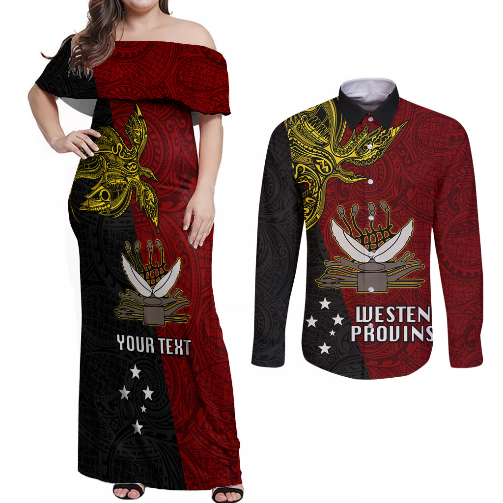 Personalised Papua New Guinea Western Province Couples Matching Off Shoulder Maxi Dress and Long Sleeve Button Shirts PNG Birds Of Paradise Polynesian Arty Style LT03 Red - Polynesian Pride
