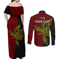 Personalised Papua New Guinea Western Province Couples Matching Off Shoulder Maxi Dress and Long Sleeve Button Shirts PNG Birds Of Paradise Polynesian Arty Style LT03 - Polynesian Pride